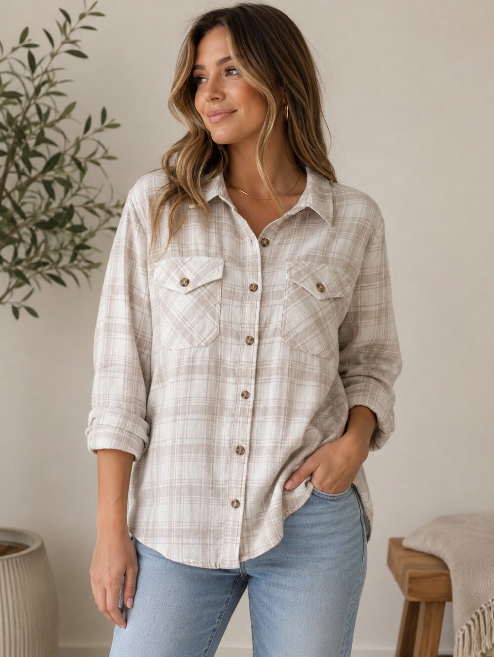 2/$20 Frank & Oak Beige Plaid Button-Down Shirt